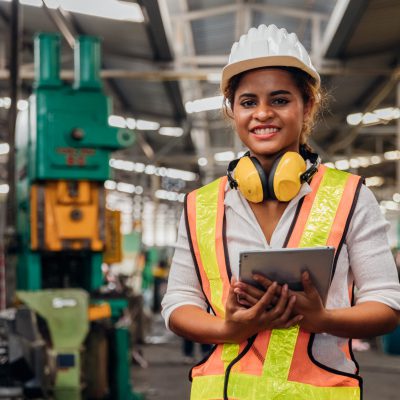 Industry,Maintenance,Engineer,Woman,Dark,Skin,Wearing,Uniform,And,Safety